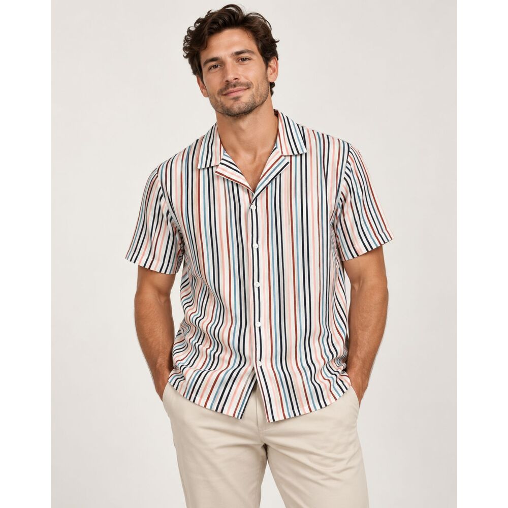 BooHoo Man Revere Shirt Slim Fit White w/Multicolor Stripes Large NEW